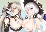  2girls asymmetrical_docking azur_lane bare_shoulders between_breasts black_dress black_ribbon blue_eyes breast_press breasts cleavage detached_collar dress elbow_gloves eyebrows_visible_through_hair formidable_(azur_lane) frilled_dress frills gloves gothic_lolita gradient gradient_background grey_hair hair_ribbon hat highres illustrious_(azur_lane) large_breasts lolita_fashion long_hair looking_at_viewer multiple_girls neckwear_between_breasts red_eyes ribbon sapphire_(gemstone) simple_background sleeveless sleeveless_dress strapless strapless_dress sun_hat tress_ribbon tri_tails twintails two-tone_dress two-tone_ribbon upper_body very_long_hair white_gloves white_hair white_headwear white_neckwear yilan_un 