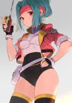  1girl aqua_hair belt black_gloves black_legwear blush breasts covered_navel cropped_jacket fingerless_gloves gloves gradient gradient_background grey_background hand_on_hip headband jacket looking_at_viewer open_clothes open_jacket parted_lips pokemon pokemon_ranger red_eyes red_jacket short_hair short_sleeves small_breasts solana_(pokemon) solo spring20134 thighhighs thighs two-tone_leotard 