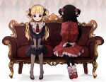  2girls black_bow black_dress blonde_hair blue_eyes blue_footwear bow chair closed_mouth commentary_request couch dress emilyko facing_viewer frills ggyoku hair_bow juliet_sleeves kate_(shadows_house) long_hair long_sleeves looking_at_viewer mary_janes multiple_girls puffy_sleeves red_dress red_footwear shadows_house shoes sitting smile two_side_up white_legwear 