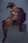  anthro balls braided_hair brown_body brown_fur brown_hair by_dream cigarette flaccid fur genitals hair half-closed_eyes hare hi_res humanoid_genitalia humanoid_penis lagomorph lee_(hellkara) leporid looking_at_viewer male mammal muscular muscular_anthro muscular_male narrowed_eyes nude penis sitting smoke smoking solo 