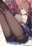  1girl artist_name ass bangs blue_skirt blush breasts brown_hair brown_legwear eyebrows_visible_through_hair green_eyes highres legs_up long_hair medium_breasts minami_yume panties panties_under_pantyhose pantyhose pleated_skirt simao_(x_x36131422) skirt solo ssss.dynazenon underwear 