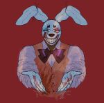  &lt;3 &lt;3_eyebrows animatronic anthro black_eyes blood bodily_fluids bow_tie button_(fastener) closed_smile clothed clothing clown_springtrap_(fnaf) colored_nails dress_shirt eyebrows five_nights_at_freddy&#039;s five_nights_at_freddy&#039;s_ar lagomorph leporid lipstick long_ears long_nails looking_at_viewer machine makeup male mammal mechanical_jaws nails rabbit reaching_towards_viewer robot shirt smile solo sparkles topwear video_games white_body wire 