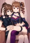  2girls ahoge asymmetrical_legwear bare_shoulders blue_eyes breasts brown_hair hand_on_another&#039;s_head hand_on_another&#039;s_hip idolmaster idolmaster_million_live! idolmaster_million_live!_theater_days kamille_(vcx68) long_hair looking_at_viewer medium_breasts midriff multiple_girls nail_polish navel ponytail purple_eyes satake_minako side_ponytail single_thighhigh smile thighhighs yokoyama_nao yuri 