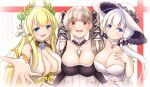  3girls asymmetrical_docking azur_lane bare_shoulders between_breasts black_dress black_ribbon blonde_hair blue_eyes blush breast_press breasts center_opening chain character_name cleavage detached_collar dress eyebrows_visible_through_hair formidable_(azur_lane) frilled_dress frills gold_chain gold_trim gothic_lolita hair_ribbon hand_on_own_chest hat highres illustrious_(azur_lane) imori_neko lace-trimmed_headwear lace_trim large_breasts laurel_crown light_brown_hair lolita_fashion long_hair looking_at_viewer multiple_girls neckwear_between_breasts open_mouth red_eyes ribbon simple_background sleeveless sleeveless_dress smile strapless strapless_dress sun_hat tress_ribbon tri_tails twintails two-tone_dress two-tone_ribbon victorious_(azur_lane) white_background white_dress white_headwear white_neckwear wrist_ribbon 