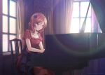  1girl bangs birthday commentary_request curtains dress eyebrows_visible_through_hair flower hair_flower hair_ornament instrument jewelry love_live! love_live!_school_idol_project music necklace nishikino_maki piano playing_instrument playing_piano purple_eyes red_dress red_hair shamakho short_hair short_sleeves sidelocks sitting solo window 