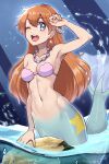  1girl ;d arm_up armpits bangs bare_shoulders bikini bikini_top blue_background blue_eyes breasts cleavage collarbone commentary_request earrings eyebrows_visible_through_hair full_body groin gym_leader hair_between_eyes highres jewelry light_rays looking_at_viewer medium_breasts mermaid misty_(pokemon) monster_girl navel necklace ocean one_eye_closed open_mouth orange_hair partially_submerged partially_underwater_shot pearl_hair_ornament pearl_necklace pink_bikini pokemon pokemon_(anime) pokemon_(classic_anime) rock sidelocks smile solo star_(symbol) stomach swimsuit upper_teeth water_drop wet yasu_suupatenin 