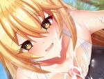  +_+ 1girl blonde_hair blush breasts cleavage clothing_cutout competition_swimsuit cum cum_on_body cum_on_breasts eyebrows_visible_through_hair facial gloves lace-trimmed_gloves lace_trim large_breasts long_hair looking_at_viewer maze_yuri one-piece_swimsuit open_mouth paizuri paizuri_under_clothes penis shokuhou_misaki smile swimsuit symbol-shaped_pupils toaru_kagaku_no_railgun toaru_majutsu_no_index 
