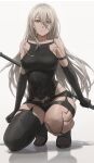  1girl absurdres android bangs bare_shoulders black_gloves black_legwear black_shorts blue_eyes breasts cleavage closed_mouth elbow_gloves free_style_(yohan1754) gloves highres joints katana large_breasts long_hair nier_(series) nier_automata robot_joints shorts squatting sword weapon yorha_type_a_no._2 