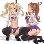  2girls ass asymmetrical_bangs bangle bangs beatrix_(granblue_fantasy) bikini_tan black_footwear black_hairband black_legwear black_panties blonde_hair blue_eyes bracelet braid breasts brown_hair cleavage cropped_shirt crown_braid front-tie_top full_body g-string granblue_fantasy grey_eyes hairband heart heart-shaped_pupils highres holding holding_spear holding_sword holding_weapon iiros jewelry kneeling licking_lips long_hair long_sleeves looking_at_viewer mary_janes microskirt multiple_girls naughty_face navel one_eye_closed open_mouth panties pantyshot petite pole_dancing polearm popped_collar purple_skirt school_uniform shirt shoes side-tie_panties skirt small_breasts spear squatting sword symbol-shaped_pupils tan tanline thighhighs thong tongue tongue_out twintails underwear weapon white_background white_shirt zeta_(granblue_fantasy) 