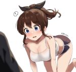  ! 1girl bare_arms bare_shoulders barefoot bent_over black_shorts blue_eyes breasts brown_hair camisole cleavage collarbone crop_top dolphin_shorts hair_ribbon idolmaster idolmaster_million_live! idolmaster_million_live!_theater_days large_breasts long_hair midriff myeolchi ponytail ribbon satake_minako shirt short_shorts shorts simple_background sleeveless sleeveless_shirt solo spaghetti_strap spoken_exclamation_mark strap_slip thighs white_background white_shirt 