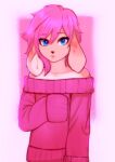  anthro blue_eyes cervid clothed clothing crossdressing girly hair hi_res male mammal pink_clothing pink_hair solo sweater targso topwear 