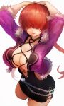  1girl absurdres boots breasts cleavage cleavage_cutout clothing_cutout cropped_jacket earrings hair_over_eyes hatano_kiyoshi highres jewelry large_breasts leotard lips lipstick long_hair looking_at_viewer makeup miniskirt ponytail red_hair shermie_(kof) skirt smile solo the_king_of_fighters the_king_of_fighters_xv twintails 