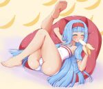  1girl ass banana bare_arms bare_legs bare_shoulders barefoot blue_hair blush breasts cameltoe character_request closed_eyes collarbone copyright_request eating ether_core food fruit highres hime_cut legs_up long_hair lying on_back panties small_breasts smile soles striped striped_panties thighs toes underwear 