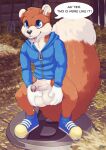  anthro ball_grab balls big_balls blue_eyes bodily_fluids bottomless buckteeth clothed clothing conker conker&#039;s_bad_fur_day dipstick_tail english_text erection fluffy fluffy_tail footwear foreskin furryratchet genitals hi_res hoodie humanoid_genitalia humanoid_penis male mammal multicolored_tail penis rareware rodent saliva sciurid shoes solo standing teeth text tongue tongue_out topwear tree_squirrel uncut video_games 