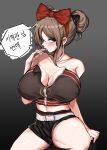 1girl absurdres bangs bare_shoulders black_shorts blush bow breasts brown_hair cleavage collarbone double_bun eyebrows_visible_through_hair finger_to_mouth girls_frontline hair_bow hand_on_back highres huge_breasts large_breasts light_brown_hair looking_at_viewer loveu medium_hair navel open_mouth p90_(girls_frontline) purple_eyes red_bow shorts simple_background sitting solo thighs translation_request 