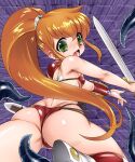  1girl armor ass bikini bikini_armor boots breasts butt_crack caron_(rall) cream_lemon from_behind green_eyes highres imminent_rape knee_boots long_hair looking_back monster nurugamer-kouyouju open_mouth orange_hair ponytail screaming sf_choujigen_densetsu_rall side-tie_bikini small_breasts swimsuit sword tentacles thighs vambraces weapon 