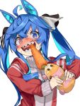  1girl @_@ animal_ears blue_eyes blue_hair carrot commentary_request guinea_pig heterochromia highres horse_ears horse_girl horse_tail molcar nonco potato_(pui_pui_molcar) pui_pui_molcar purple_eyes season_connection sharp_teeth simple_background tail teeth track_suit tug_of_war twin_turbo_(umamusume) twintails umamusume upper_body white_background 