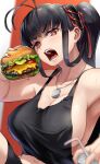  1girl ahoge bare_shoulders black_hair black_shorts blurry blurry_foreground breasts cleavage cup disposable_cup dog_tags drinking_straw eating food hair_ornament hamburger hawe_king high_ponytail highres jewelry large_breasts midriff nail_polish navel necklace open_mouth original red_eyes red_nails shorts sideboob sidelocks sweat tank_top 