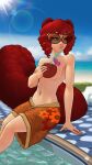  9:16 animal_humanoid beach beverage breasts casimira_(orannis0) clothed clothing coconut_drink crossdressing drill_curls eyewear female fluffy fluffy_tail hair hi_res humanoid mammal mammal_humanoid rabbyrabbithole rodent rodent_humanoid sciurid sciurid_humanoid seaside solo squirrel_humanoid sunglasses swimming_pool swimming_trunks swimwear topless 