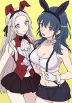  2girls alternate_costume animal_ears bangs blue_eyes blue_hair blush breasts bunny_day bunny_ears bunny_girl byleth_(fire_emblem) byleth_(fire_emblem)_(female) cleavage closed_mouth edelgard_von_hresvelg fire_emblem fire_emblem:_three_houses hair_ornament highres large_breasts long_hair looking_at_viewer medium_hair mercedes_von_martritz multiple_girls navel open_mouth purple_eyes ribbon_braid shirt simple_background skirt smile suspenders white_background white_shirt yudepan_(yuri_no_sugata) yuri 