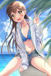  1girl :d aranami_shibuki arm_rest arm_support bang_dream! bangs beach bikini bikini_under_clothes blue_bikini blue_sky blush breasts brown_hair cloud commentary_request day denim denim_shorts drawstring exposed_pocket eyebrows_visible_through_hair feet_out_of_frame green_eyes hanazono_tae heart highres jacket long_hair long_sleeves looking_at_viewer medium_breasts micro_shorts navel ocean open_clothes open_jacket open_mouth outdoors rainbow round_teeth shorts sidelocks sitting sky smile solo spread_legs sticker stomach sweatshirt swimsuit swimwear teeth unzipped upper_teeth v white_jacket 