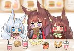  3girls akagi_(azur_lane) amagi_(azur_lane) animal_ears azur_lane bangs blue_eyes blunt_bangs blurry brown_hair commentary_request depth_of_field drinking_straw eating eyebrows_visible_through_hair fang food fox_ears fox_girl fox_tail french_fries hair_ornament hamburger highres holding japanese_clothes kaga_(azur_lane) kyuubi long_hair looking_at_viewer menu_board multiple_girls multiple_tails open_mouth purple_eyes putimaxi red_eyes sidelocks soft_drink sparkle tail thick_eyebrows toy white_hair wide_sleeves 
