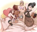  2boys 2girls adjusting_hair aerith_gainsborough arms_up ass bare_legs black_hair blonde_hair bow breasts brown_hair character_doll cleavage cloud_strife crossdressing final_fantasy final_fantasy_vii hair_bow hair_bun heart heart_pillow highres lingerie multiple_boys multiple_girls nightgown pillow red_hair red_xiii ryouto scar sephiroth smile spiked_hair tifa_lockhart underwear vincent_valentine zack_fair 