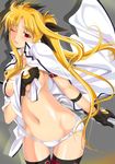  blonde_hair blush breasts cleavage curvy fate_testarossa gloves hair_ribbon long_hair lyrical_nanoha mahou_shoujo_lyrical_nanoha_strikers medium_breasts midriff mikazuki_akira! one_eye_closed open_clothes open_shirt panties red_eyes ribbon shirt solo thighhighs twintails underwear undressing very_long_hair 