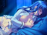  bed blue_hair blush breasts eyes_closed kadoi_aya kakyuusei_2 long_hair masturbation no_bra open_clothes open_shirt pussy shirt sparkle takatoo_nanase 