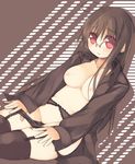  ahoge arima_senne breasts brown_hair garter_belt glasses kashiwamochi_yomogi large_breasts long_hair mole mole_on_breast no_bra open_clothes open_shirt original panties panty_pull red_eyes shirt solo thighhighs underwear undressing 