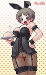  animal_ears arm_garter black_eyes breasts brown_hair bunny_ears cameltoe cleavage corset cowboy_shot crotch_seam earrings eyebrows_visible_through_hair fake_animal_ears fishnet_pantyhose fishnets food frills garter_belt garters holding holding_tray jewelry kei_jiei large_breasts leg_garter open_mouth original pantyhose polka_dot polka_dot_background short_hair solo thigh_gap tray upper_teeth wrist_cuffs 