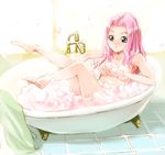  alternate_hairstyle arm_support armpits barefoot bath bathing bathroom bathtub blue_eyes breasts bubble bubble_bath claw_foot_bathtub darry_adai faucet feet from_side full_body hair_down indoors legs legs_up long_hair looking_down maimu nipples nude parted_lips partially_submerged pink_hair reclining sketch small_breasts solo tengen_toppa_gurren_lagann tile_floor tiles towel 