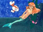  blue_eyes blush breasts earrings goldeen jewelry kasumi_(pokemon) long_hair mermaid monster_girl naked necklace nintendo nipples nude pokemon pussy red_hair uncensored underwater undressing water 