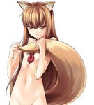  animal_ears bangs brown_hair closed_mouth covering covering_breasts eyebrows_visible_through_hair eyelashes flat_chest groin holding_own_tail holo long_hair looking_at_viewer narrowed_eyes navel nude out-of-frame_censoring pouch puyo red_eyes simple_background slender smile smirk solo spice_and_wolf straight_hair tail underwear white_background wolf_ears wolf_girl 