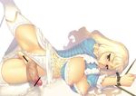  1girl anal armor bdsm blonde_hair blue_eyes blush bondage bound breasts censored cum dildo dress futanari girdle granado_espada huge_breasts long_hair mole nipples panties panty_pull penis precum rope skirt skirt_lift solo thighhighs underwear warlock_(granado_espada) yn_red 