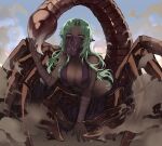  1girl arthropod_girl bare_shoulders breasts centauroid collarbone dark_skin dark_skinned_female day forehead_jewel girtablilu_(monster_girl_encyclopedia) green_hair large_breasts long_hair looking_at_viewer monster_girl monster_girl_encyclopedia mouth_veil outdoors pointy_ears purple_eyes scorpion_girl scorpion_tail solo tail taur veil wrist_wrap zakirsiz 