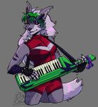  2021 animatronic anthro black_nose bracelet breasts canid canine canis cleavage cleavage_cutout clothed clothing cute_fangs dylandonnie ear_piercing eyelashes eyewear eyewear_on_head fangs female five_nights_at_freddy&#039;s five_nights_at_freddy&#039;s:_security_breach fluffy_chest fur glasses green_hair green_highlights grey_body grey_fur hair highlights_(coloring) inner_ear_fluff jewelry lipstick long_hair machine makeup mammal markings mascara musical_instrument notched_ear one-piece_suit piercing purple_lipstick purple_makeup purple_markings red_clothing robot roxanne_wolf_(fnaf) sling solo spiked_bracelet spiked_clothing spikes sunglasses sunglasses_on_head tuft video_games white_hair wolf yellow_eyes 
