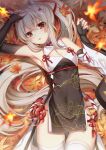  1girl armpits autumn_leaves ayanami_(azur_lane) ayanami_(lunar_demon_god)_(azur_lane) azur_lane bangs black_gloves blurry breasts cleavage commentary_request depth_of_field elbow_gloves eyebrows_visible_through_hair eyes_visible_through_hair fingerless_gloves flower gloves headgear highres hydrangea leaf long_hair looking_at_viewer lying maple_leaf medium_breasts official_alternate_costume orange_eyes parted_lips ponytail retrofit_(azur_lane) sidelocks silver_hair solo sugisaki_yuu white_legwear 