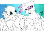  anthro anthrofied avian beak big_breasts blue_eyes breast_squish breasts breasts_frottage duo feathered_wings feathers female female/female friendship_is_magic gabby_(mlp) gilda_(mlp) gryphon hasbro my_little_pony mythological_avian mythology non-mammal_breasts open_beak open_mouth spot_color squish wings yellow_eyes zwitterkitsune 