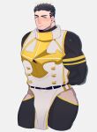  1boy armor bara black_bodysuit black_hair blush bodysuit breastplate bulge cropped_legs facial_hair feet_out_of_frame halo highres hip_vent looking_at_viewer male_focus mature_male muscular muscular_male pelvic_curtain short_hair sideburns solo stubble thick_thighs thighs tokyo_houkago_summoners yangrou_(6493335) zabaniya_(tokyo_houkago_summoners) 