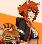  1girl animal_ears bangs black_jacket breasts cleavage cropped_jacket english_commentary fingerless_gloves food gloves green_eyes hair_between_eyes hamburger highres holding holding_food indie_virtual_youtuber jacket large_breasts leaning_forward looking_at_viewer navel open_mouth orange_hair shimada_tiger short_hair smile solo standby tail tiger_ears tiger_girl tiger_tail virtual_youtuber 