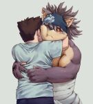  anthro bandaid_protagonist_(tas) bandanna canid canine canis chp domestic_dog duo hug human human_on_anthro interspecies kerchief male male/male mammal musclegut shino_(housamo) shirtless thick_arms tokyo_afterschool_summoners video_games 