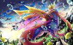  absurdres cloud commentary_request day energy flower gen_8_pokemon glowing glowing_sword glowing_weapon grass highres legendary_pokemon looking_back mouth_hold no_humans outdoors pokemon pokemon_(creature) ririri_(user_rkrv7838) sky solo standing sword water_drop weapon yellow_flower zacian zacian_(crowned) 