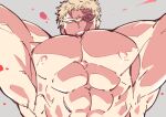  1boy abs arms_at_sides bara blonde_hair blood boku_no_hero_academia completely_nude from_below large_pectorals male_focus muscular muscular_(boku_no_hero_academia) muscular_male nipples nude pectorals scar scar_across_eye short_hair solo stomach yazakc 