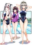  3girls absurdres adjusting_clothes adjusting_swimsuit arm_behind_head armpits ass azki_(hololive) back_cutout back_tattoo bangs barefoot black_ribbon blush braid breasts brown_hair closed_mouth clothing_cutout colored_inner_hair competition_swimsuit covered_navel day eyebrows_visible_through_hair facial_mark fang french_braid green_eyes grey_hair hair_between_eyes hair_ribbon highleg highleg_swimsuit highres hololive jacket kneepits large_breasts long_hair looking_at_viewer looking_back medium_breasts multicolored_hair multiple_girls nakiri_ayame one-piece_swimsuit open_clothes open_jacket open_mouth outdoors pink_hair pool pukara purple_eyes purple_jacket red_eyes ribbon shirogane_noel short_hair silver_hair smile standing streaked_hair swimsuit tattoo tiara track_jacket virtual_youtuber 