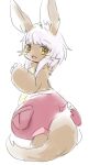  blush bottomwear brown_body brown_fur clothing fur hair hi_res lagomorph long_hair looking_at_viewer made_in_abyss mammal nanachi narehate open_mouth open_smile pants red_bottomwear red_clothing red_pants simple_background smile solo white_background white_hair yellow_eyes 