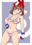  1girl bangs bikini blue_eyes blush border breasts brown_hair cameltoe closed_mouth collarbone commentary_request covered_nipples eyelashes gloves hair_between_eyes hand_on_hip holding holding_poke_ball looking_at_viewer may_(pokemon) medium_hair navel outside_border poke_ball poke_ball_(basic) pokemon pokemon_(anime) pokemon_rse_(anime) red_bandana shiny shiny_skin smile solo striped striped_bikini sweatdrop swimsuit tsumitani_daisuke white_border white_gloves 
