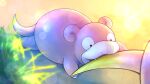  absurdres biting black_eyes blurry commentary fangs galarian_form galarian_slowpoke gen_1_pokemon gen_8_pokemon higa-tsubasa highres lens_flare looking_down lying no_humans on_stomach pokemon pokemon_(creature) slowpoke 