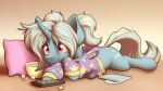  16:9 controller dvd equid equine female food friendship_is_magic hair hasbro hi_res horn lying mammal my_little_pony ohemo on_front pigtails pillow popcorn purple_eyes remote_control solo trixie_(mlp) tv_remote unicorn white_hair widescreen 