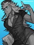  1girl artist_request breasts cleavage clipboard dorohedoro dress earrings hat jewelry large_breasts long_hair looking_at_viewer muscular muscular_female noi_(dorohedoro) nurse nurse_cap short_sleeves simple_background solo syringe thighhighs white_hair 
